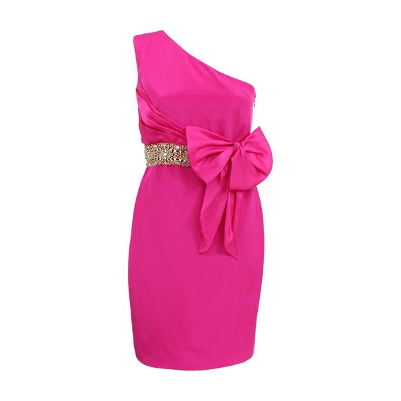 Marchesa Notte One Shoulder Silk Bow Dress Pink‎ - Picture 1 of 12